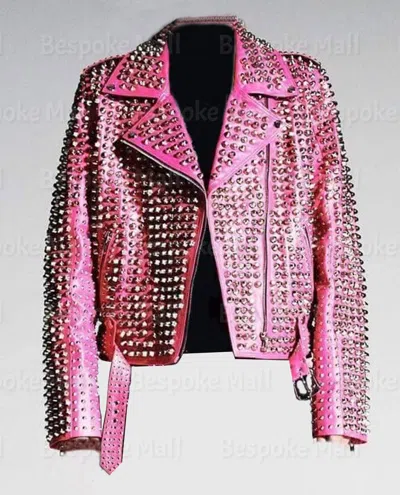 Pre-owned Handmade Women's Baby Pink Silver Studded Punk Rock Belted Biker Leather Jacket-848