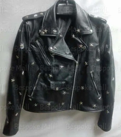 Pre-owned Handmade Women Biker Brando Style Star Studded Black Leather Jacket Xs To 6xl-120