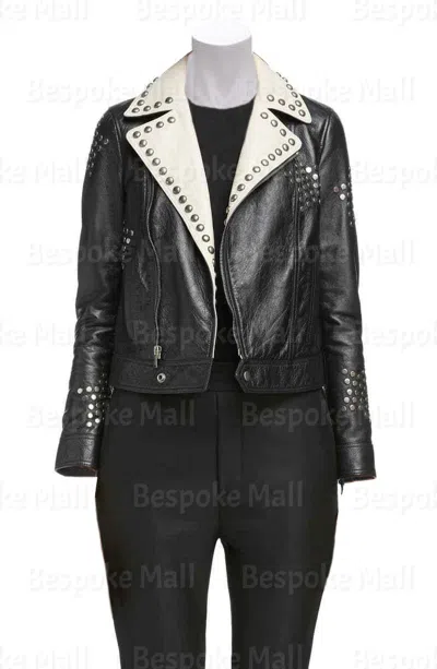 Pre-owned Handmade Women Black & White Brando Golden Studded Zipper Cowhide Leather Jacket-272