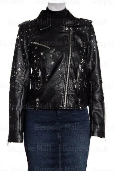 Pre-owned Handmade Women's Black Biker Slim Fit  Leather Silver Star Studded Jacket-196