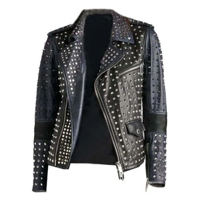 Pre-owned Handmade Women Black Blue Full Metallic Silver Spiked Studded Punk Leather Jacket-986