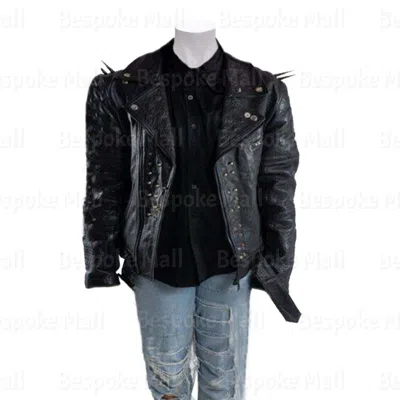 Pre-owned Handmade Women's Black Brando Silver Spike Studded Zipper Cowhide Leather Jacket-269