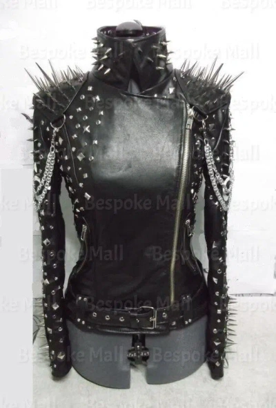 Pre-owned Handmade Women's Black Brando Silver Spike Studded Zipper Cowhide Leather Jacket-840