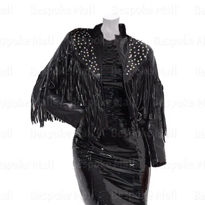 Pre-owned Handmade Women Black Brando Silver Studded Fringed Western Cowboy Leather Jacket-480