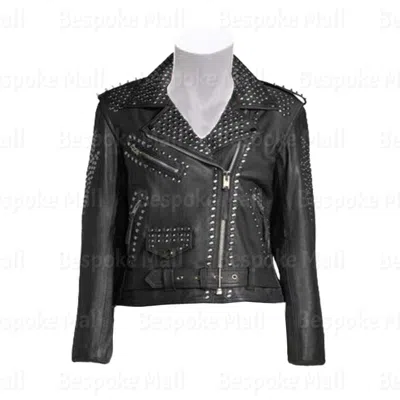 Pre-owned Handmade Women's Black Brando Silver Studs Unique Belted Cowhide Leather Jacket-266