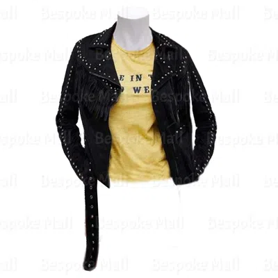 Pre-owned Handmade Women's Black Brando Silver Studs Zipper Cowhide Leather Jacket-267