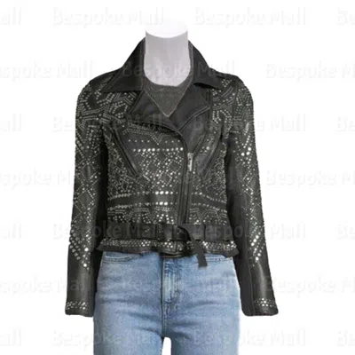 Pre-owned Handmade Women's Black Brando Style Silver Studded Zipper Cowhide Leather Jacket-262