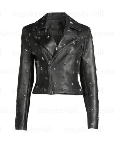 Pre-owned Handmade Women's Black Color Casual Leather Jacket Silver Star Studded Brando-471