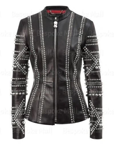 Pre-owned Handmade Women's Black Cowhide Silver Studded Zipper Cowhide Biker Leather Jacket-946