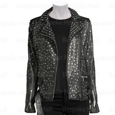 Pre-owned Handmade Women Black Full Heavy Metal Spiked Studs Brando Cowhide Leather Jacket-188