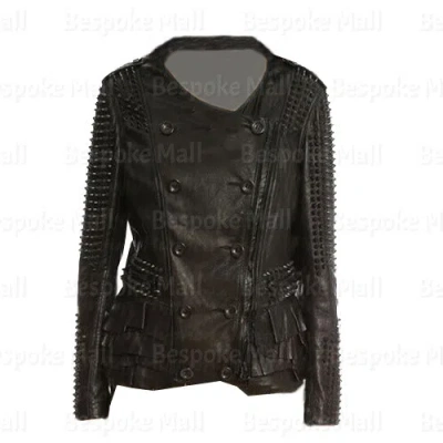 Pre-owned Handmade Women Black Full Heavy Metal Tonal Spiked Studded Button Leather Jacket-947