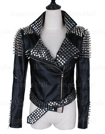 Pre-owned Handmade Women Black Full Silver Studded Punk Unique Cowhide Biker Leather Jacket-674