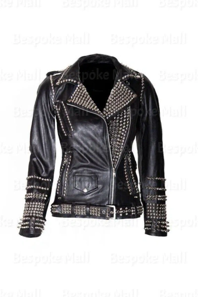 Pre-owned Handmade Women's Black Full Silver Unique Punk Motorcycle Genuine Leather Jacket-993