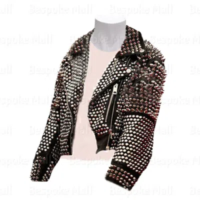 Pre-owned Handmade Women's Black Full Spiked Studded Brando Punk Unique Real Leather Jacket-443