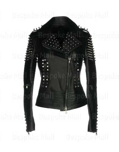 Pre-owned Handmade Women Black Genuine Stylish Leather Jacket Spiked Silver Studded Jacket-133