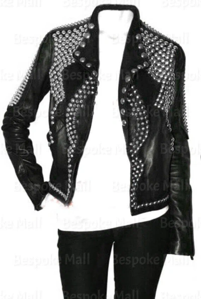 Pre-owned Handmade Women's Black Golden Studded Brando Style Cowhide Biker Leather Jacket-1081