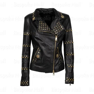 Pre-owned Handmade Women's Black Golden Studded Brando Style Cowhide Biker Leather Jacket-662