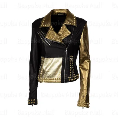 Pre-owned Handmade Women's Black Golden Studded Brando Stylish Cowhide Biker Leather Jacket-661 In Golden Black