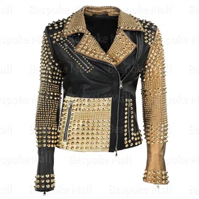 Pre-owned Handmade Women Black Golden Studded Punk Unique Brando Style Biker Leather Jacket-477
