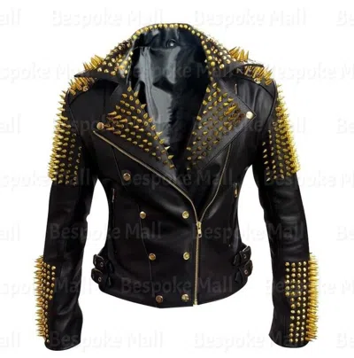 Pre-owned Handmade Women's Black Golden Studded Punk Unique Cowhide Biker Leather Jacket-843