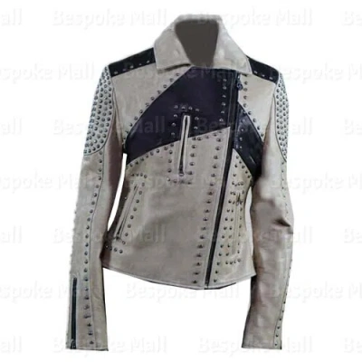 Pre-owned Handmade Women's Black Grey Silver Studded Biker Style Cowhide Leather Jacket-346
