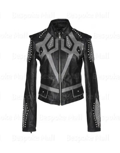 Pre-owned Handmade Women Black Grey Silver Studded Zipper Cowhide Motorbike Leather Jacket-1042