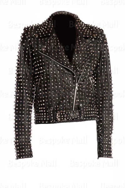 Pre-owned Handmade Women Black  Silver Studded Biker Unique Cowhide Leather Jacket-1047