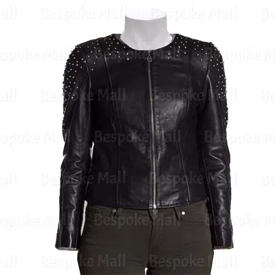 Pre-owned Handmade Women Black Huff Silver Studded Brando Cowhide Motorbike Leather Jacket-237