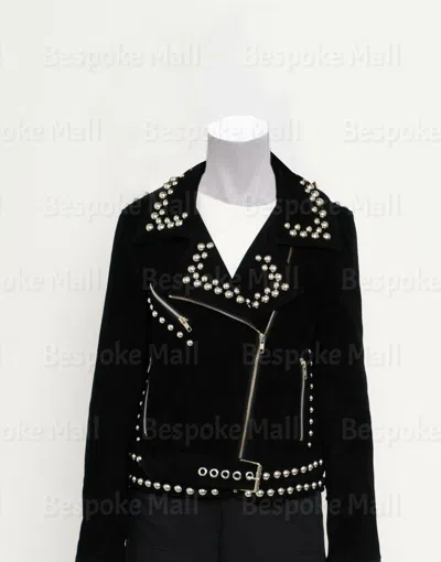 Pre-owned Handmade Women's Black Leather Silver Studded  Brando Belted Jacket-177
