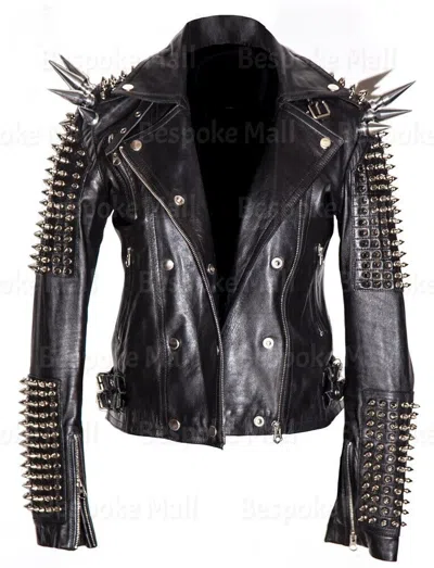 Pre-owned Handmade Women's Black Long Spiked Studded Brando Style Button Up Leather Jacket-1068