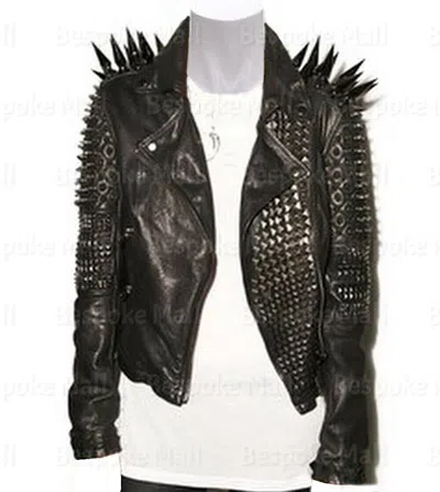 Pre-owned Handmade Women's Black Long Spiked Studded Punk Rock Cowhide Biker Leather Jacket-371