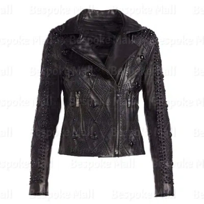 Pre-owned Handmade Women Black Metallic Tonal Studded Punk Designed Cowhide Leather Jacket-423