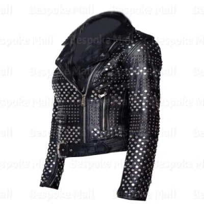 Pre-owned Handmade Women's Black Punk Full Silver Studded Classic Designed Leather Jacket-605