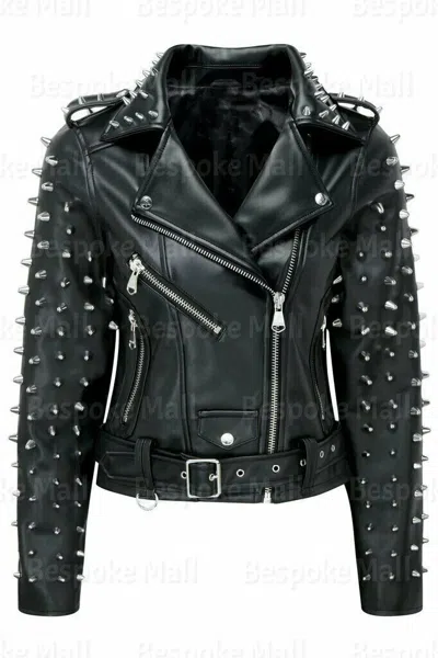 Pre-owned Handmade Women Black Punk Full Spiked Studded Brando Classic Real Leather Jacket-804