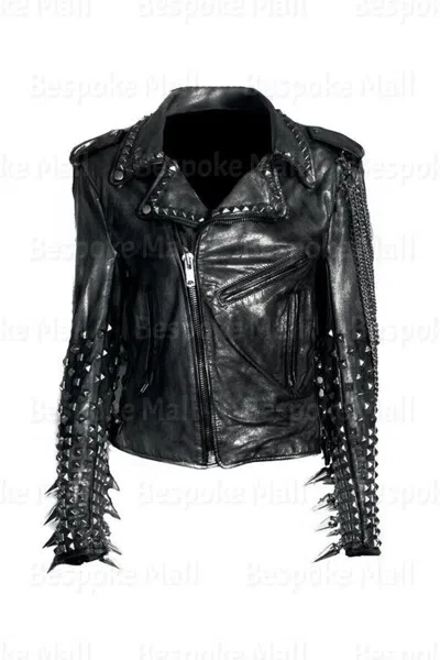 Pre-owned Handmade Women Black Punk Long Spiked Studded Chains Brando Style Leather Jacket-847