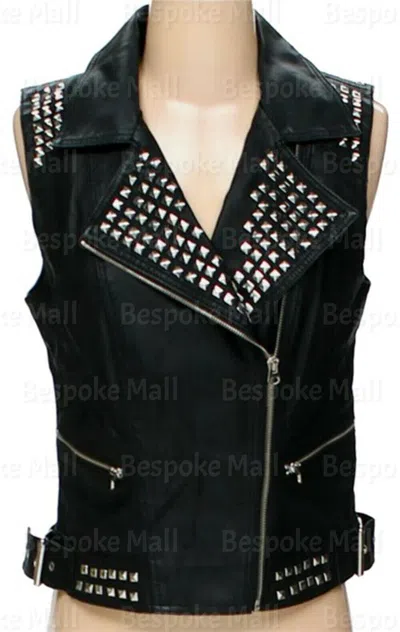 Pre-owned Handmade Women Black Punk Rock Silver Studded Cowhide Zippered Biker Leather Vest-692