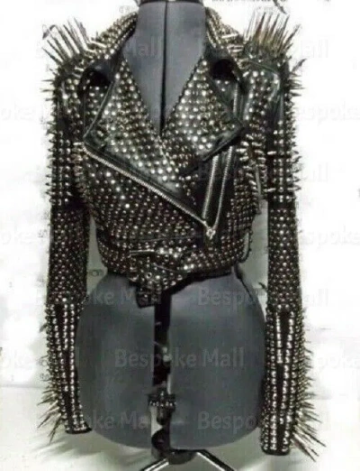 Pre-owned Handmade Women's Black Punk Silver Long Spiked Studded Brando Cow Leather Jacket-845