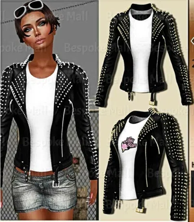 Pre-owned Handmade Women's Black Punk Silver Spiked Studded Cowhide Biker Leather Jacket-788