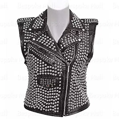 Pre-owned Handmade Women's Black Punk Silver Studded Unique Style Rock Biker Leather Vest-500