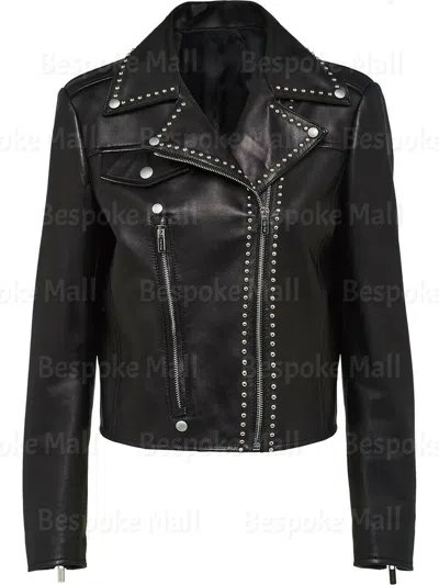 Pre-owned Handmade Women's Black Punk Silver Studded Zipper Cowhide Biker Leather Jacket-670