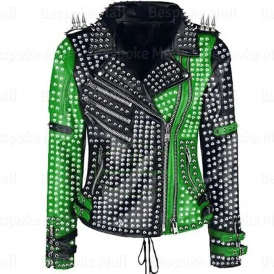 Pre-owned Handmade Women's Black Punk Studded Zipper Real Cowhide Motorbike Leather Jacket-1030