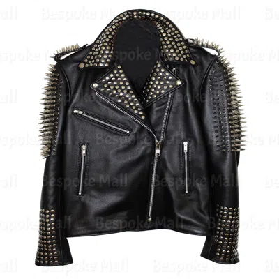 Pre-owned Handmade Women Black Punk Style Genuine Leather Jacket Long Spiked Golden Studded-171