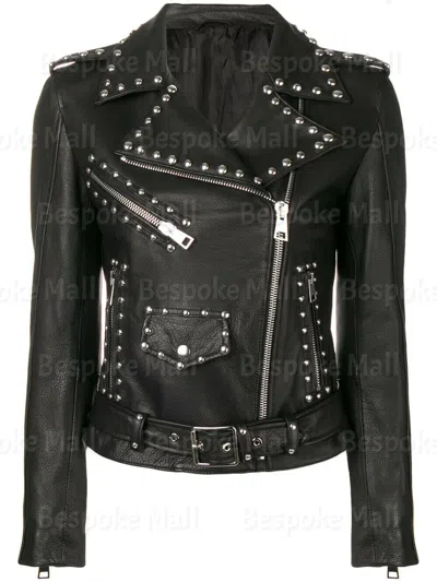 Pre-owned Handmade Women's Black Punk Unique Silver Studded Cowhide Biker Leather Jacket-335