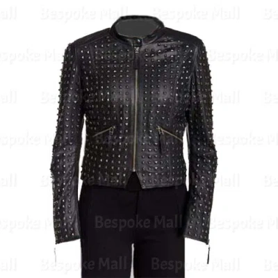 Pre-owned Handmade Women's Black Punk Unique Silver Studded Zipper Cowhide Leather Jacket-284