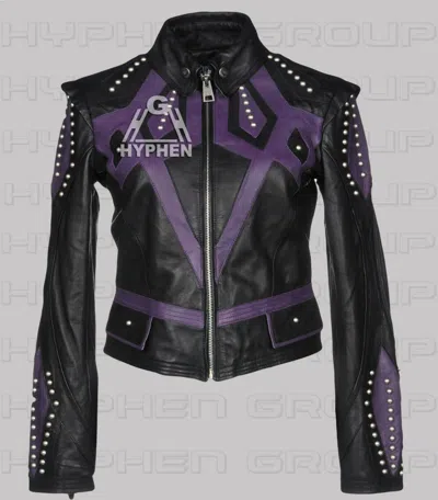 Pre-owned Handmade Women Black Purple Pocketed Silver Studded Cowhide Biker Leather Jacket