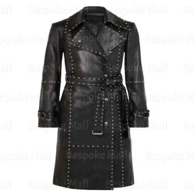 Pre-owned Handmade Women's Black Silver Metallic Studded Brando Cowhide Leather Trench Coat-850