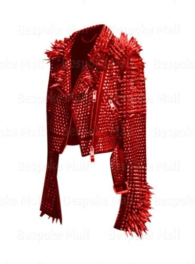 Pre-owned Handmade Women Black Silver Multi Designed Studded Punk Classic Leather Jacket-215 In Red