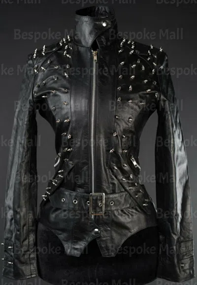 Pre-owned Handmade Women's Black Silver Spiked Brando Style Cowhide Biker Leather Jacket-664