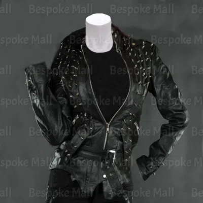 Pre-owned Handmade Women's Black Silver Spiked Punk Unique Cowhide Biker Leather Jacket-365