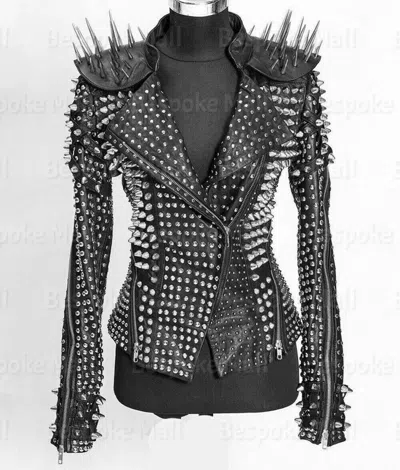 Pre-owned Handmade Women Black Silver Spiked Studded Punk Rock Cowhide Biker Leather Jacket-665